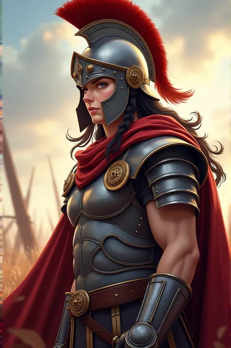 Best Quality,  masterpiece,  highest resolution ， (Roman Centurion), Armor of Roma, (Roman Officer Centurion Historical Helmet Armor) ，（battlefield_background），Black Hair， installer with electric drill ，profile，White Cape， anime style, （4K）, Alone， ((whole...