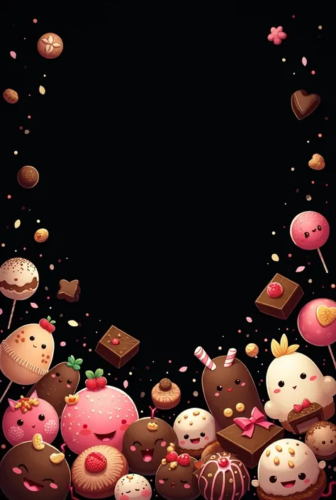  Make me a background with a black background and that has chocolates, Make it look kawai and look like its made by a teenager  