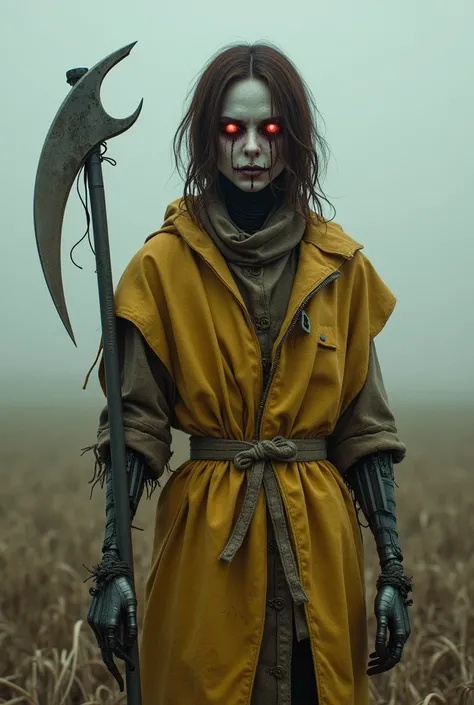 A scarecrow with slightly long brown hair,  with a mouth with lines of seams drawn on the mouth , scarlet red eyes,  using rags and with a slightly dirty yellow cloak that goes up to the middle of his arms , with the mechanical left arm carrying a large si...