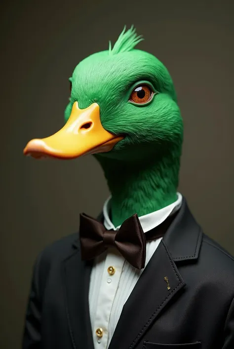 there is a specific in a suit and tie with a magnifying look, an album cover inspired by Jacob Duck  , trends on pexels, Digital Art, subject= specific,  the bird is wearing a bow tie, green head, photo no iphone, instagram filter, specificface, detailed s...