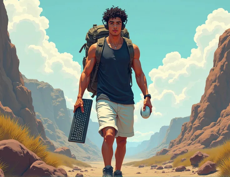 Create an image featuring a male character , 24 year old, moreno,  short curly hair, with a black tank top and white shorts ,  a headset and a backpack in a post-apocalyptic setting, carrying a white computer keyboard and a mouse in hand, in the pixelated ...