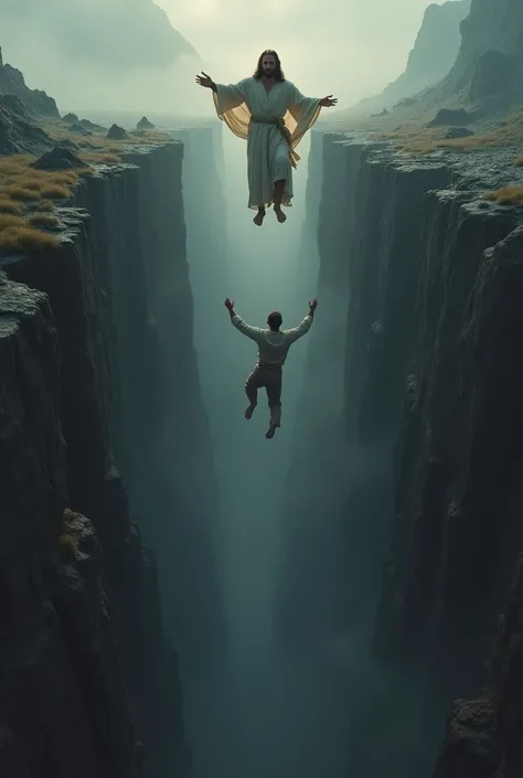 Create realistic images of Jesus on the edge of the abyss holding the hands of a falling man 4k