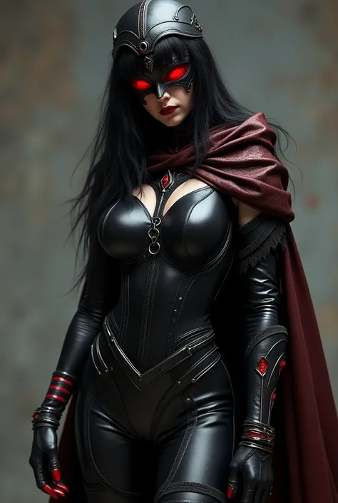 Obsidia is dressed in a sleek, form-fitting black outfit made of dark leather and metal plating, accentuating her agile movements. Her outfit is adorned with crimson accents that hint at her blood manipulation powers. A half-mask covers her face, with glow...