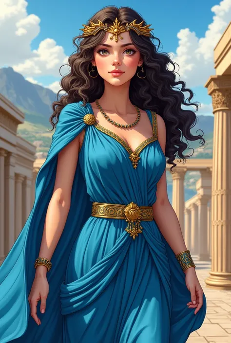 an ancient Greek princess of Athens , Young,  wearing an ancient Greek gold tiara, With blue garments,  curly hair,  anime style , Ancient Greece scenery, Year 1500 a .c 