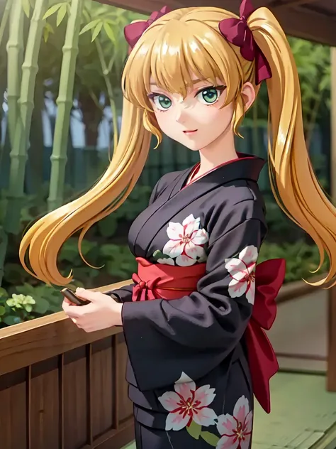 ((Daizoji Ayu )), bangs, blondes , greenい目,  hair bow ,  long hair,  Twin Tails ,green, yukata,  dot pattern, goldfish, yukata, white fan  , Plum Blossom,  Sunny Day々 , flower arrangement, bamboo forest,   delicate Japanese style ,  The scent of flowers 