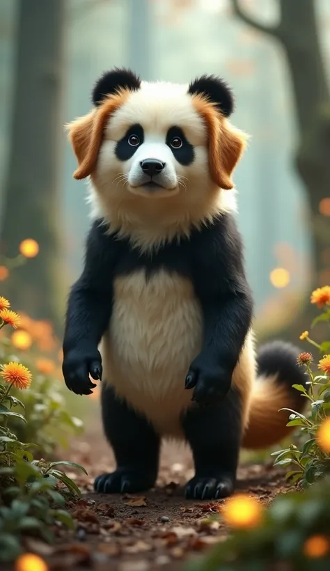 A highly detailed image of a creative hybrid creature standing in the center of the frame, fully visible from head to toe. This hybrid combines features of a panda bear and a golden retriever, blending the distinctive black-and-white fur pattern of a panda...