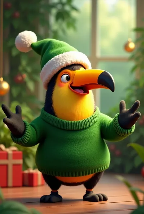  Create an animation of a cute toucan ,  with humanized features such as arms, hands, feet, body, And with green Christmas clothing green Christmas hat, green clothes, And gorgo body