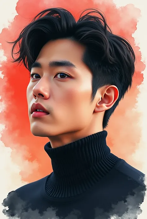 Korean handsome young man with sideburns, eyebrows, black turtleneck, watercolor image