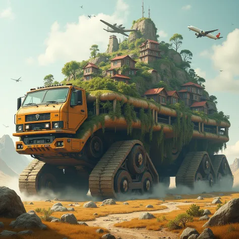 giant crawler-driven vehicle, large single-board vehicle, ((Moving towns)), The town on top of a car, ((A town through the wilderness)), Strange images, unreasonable, Stunning, huge vehicle, Moving cities, A town that drives independently, Conquer the dese...