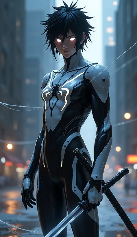 "Imagine a futuristic, dangerous hybrid character that merges Spider-Man from the Future Foundation suit with Sasuke Uchiha from Naruto. The character is depicted in a realistic style, combining elements of both iconic personas. The character wears a sleek...