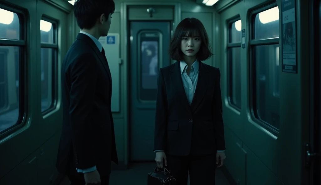 On a train at night, a Japanese woman in a suit is knocking on the conductors door. Eerie atmosphere.