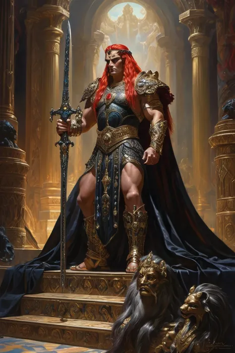 An exquisite dark fantasy oil painting depicting the formidable Lord Conan, the emperor of the Waste, standing confidently next to his lavish, jewel-encrusted throne. His muscular build and striking features are accentuated as he grasps his resplendent, or...