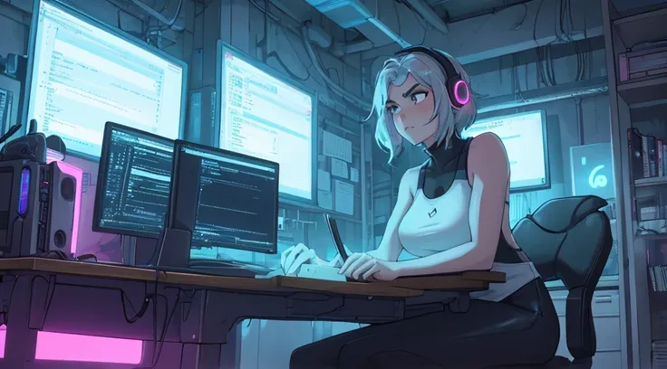 "A woman with a well-endowed figure, sitting at a modern desk with her hands poised over the keyboard, actively typing lines of code on the glowing computer screen. Her expression is one of intense concentration, her brows slightly furrowed as she focuses ...