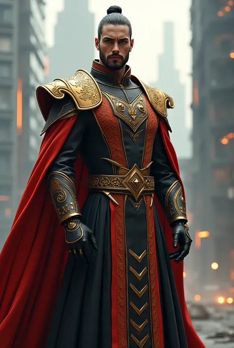 An elegant and commanding modern-day emperor standing atop a grand, futuristic cityscape. The emperor has sharp, striking features and piercing eyes that exude confidence, power, and wisdom. His attire is a blend of modern and imperial fashion—flowing, tai...