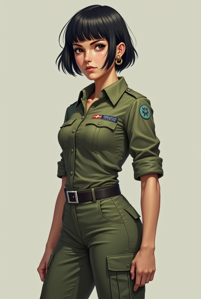 A military woman, that has short hair that was around her chin length and has black hair, petite body, brown eyes, and wearing a full military clothes