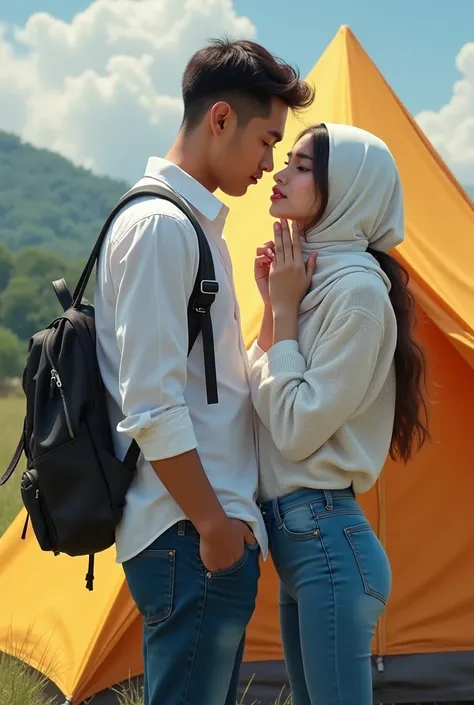 A photo of a Beautiful Cute girl of indonesiann descent holding her cheeks in front of a tent. She has fair skin, 1, eighteen years old, clean, is slim, tall, beauty thin lips, and has a sharp nose. She wears a white elegant neatly old navy blue hijab, a w...