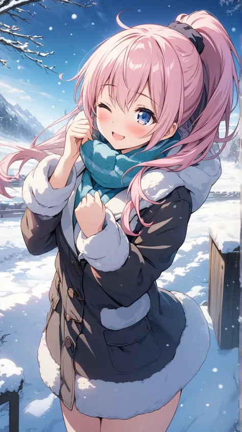 masterpiece、 best quality、 Hi-Res CG Unity 8K Wallpaper 、 high school girl anime illustration 。  1 girl、Nice hands、perfect hand、  pink hair 、 long ponytail、The background is a pale pastel colo赤 landscape. smiles,  blush,  Poster/Magazine Illustration Effec...