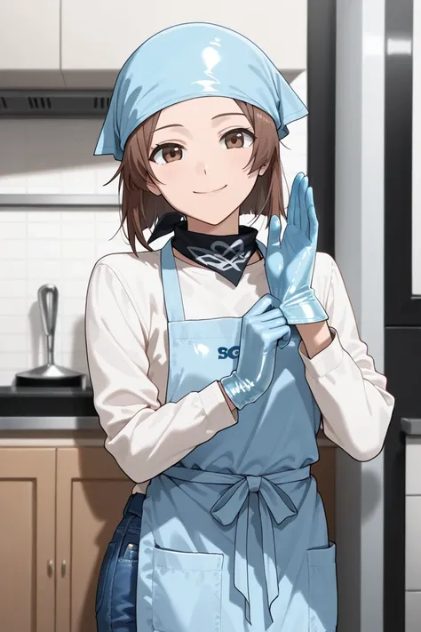 girl, ((wearing gloves)), ((blue latex gloves)), (wearing apron), (wearing surgical mask), (wearing denim), (Long sleeve), smiling, brown eyes, bandana