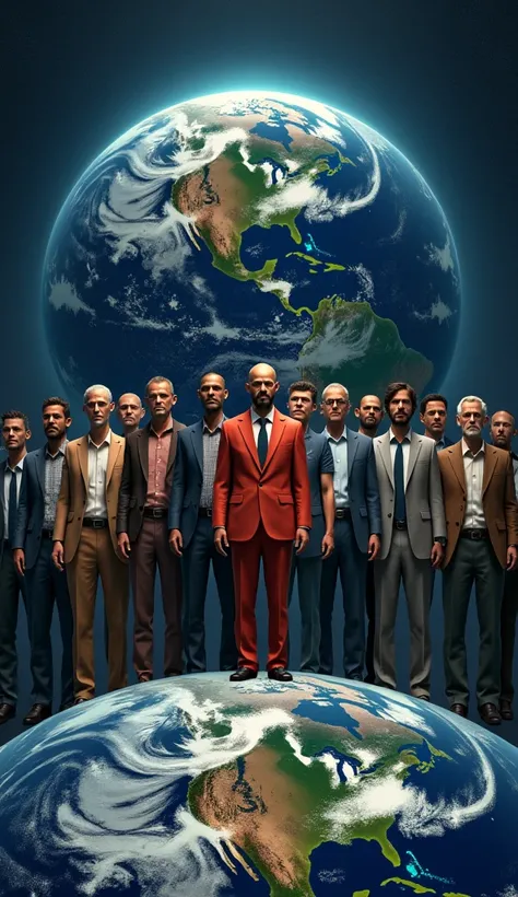 The image is a striking hyperrealistic illustration of many humans of different nationalities standing on planet Earth. Sarcastic and critical image. Super resolution, super quality. Volumetric lights.
