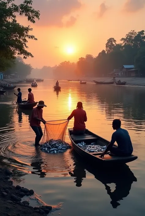 A scenic riverside view during sunset, with small fishing boats floating on calm water. A group of fishermen (জেলে) pulling up a fishing net filled with fish. The background features lush green trees and a serene village landscape. The sky is painted in wa...