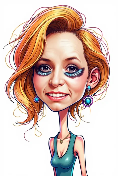  illustration, cartoon with a big head   ,  Exaggerated Features  ,   multicolored linear drawing on a white background, scarlett johansson 