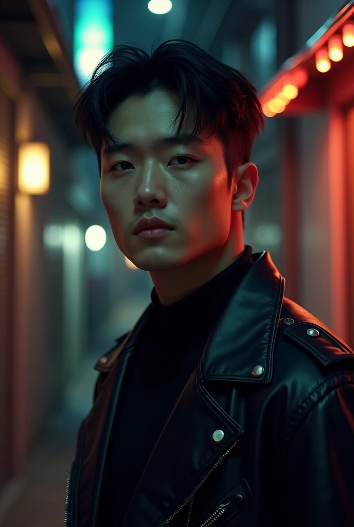 extremely sexy, smooth face, chin line, extremely sexy, handsome, Korean, 20-year-old, very handsome young man with a leather jacket, waiting in the alley at night