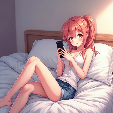 anime girl laying down on bad using phon 
Wearing sexy top and short jeans panti
Cartoon art