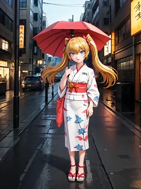 ((Daizoji Ayu )), bangs, blondes ,  blue eyes,  hair bow ,  long hair,  Twin Tails ,A woman wearing a yukata 、 Standing with a Japanese umbrella against the night view of the city。 Neon light is reflected in the background 、A beautiful atmosphere that comb...