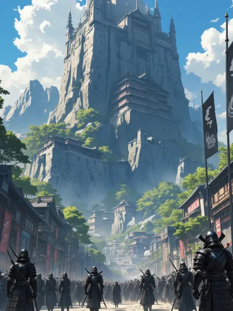 Fantasy Kingdom, Ancient Japan, Rock Castle, bustling with army, army wearing black dragon knight armor, black flag with white dragon symbol in middle