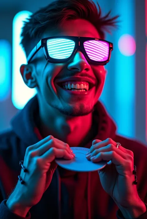 Bright cyberpunk style. A young man with prosthetics on his arms and jaw, wearing cyberpunk glasses that shimmer with neon light and behind which the eyes are not visible, holds discs and smiles broadly