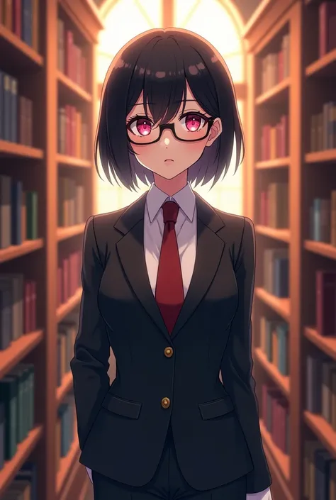 Black short hair girl wearing glasses, have 165 cm tall look mature 20 years old, have pink eyes with sharp gaze, she wearing guild receptionist suit in bookshelf background in anime art