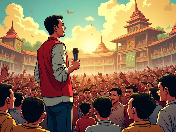 Create comic of the Democratic Youth Council leader public speaking to the myanmar people and the myanmar people clap and cheer.