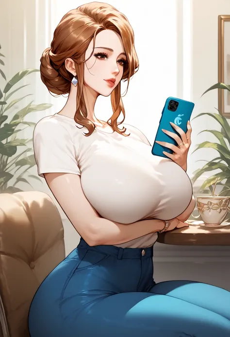 BEAUTIFUL MOM BIG BOOBS 40 YEARS OLD LONG STRAIGHT BROWN HAIR BROWN EYES WHITE SHORT SLEEVE T-SHIRT BLUE PANTS PHONE SITTING IN ROOM RECEPTION INDOORS