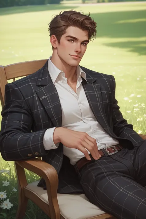 A 1960s husband on a lawn chair, a black flannel tuxedo, brown hair, brown eyes, Caucasian, handsome, 1960s clothing, vintage look, highly detailed digital art.