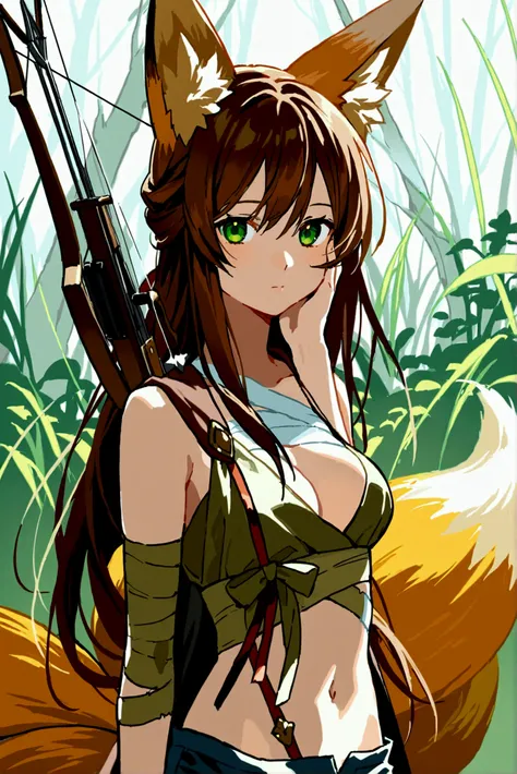 One woman, with fox ears, with 9 tails , long brown hair , crossbow in hand, in a cape,  in shorts and chest bandages,  green eyes , hand on cheek, love look 