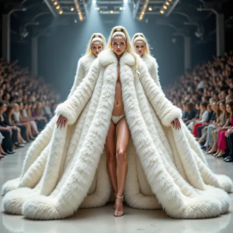 very wide、very thick,  white mink coat ,  thickness 100 cm , Fluffy, Dicker,  white mink collar , 3 floors 、( fur fashion show )、(no top)、 Nordic beauties 、 looks at the camera,  high ponytail 、( big breasts 2 .5)、(blond), ( Squat down and spread your legs...