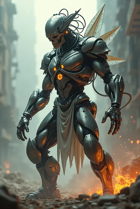 Kung fu cyborg, wires, apocalyptic, death-like ,colours, glass shard wings, chrome, manface, cyborg body, shining backward. The body made by metal shards Fire heart, the wind blows the future throug us. Warcode, moving in demolitonsNano-technology cyborg w...