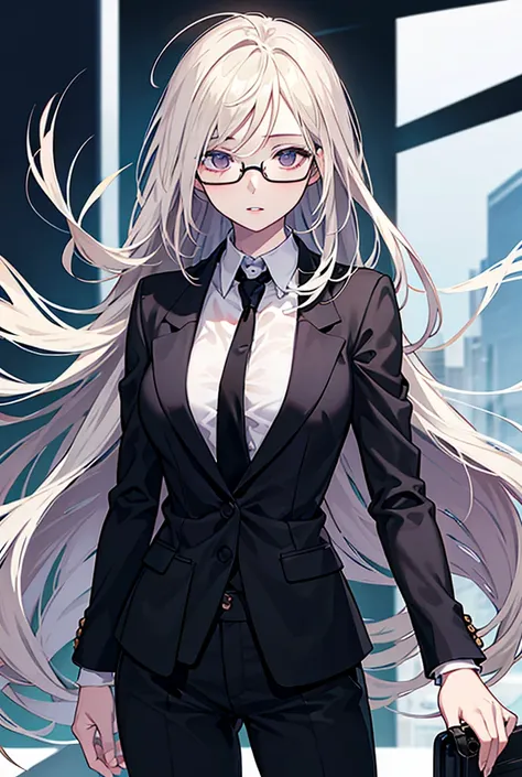  top quality ,Textured skin,Woman in the company animal,Dead Eyes,long, unkempt hair, long bangs,Glasses,Transparent lips,black suit and unbuttoned shirt,anime,