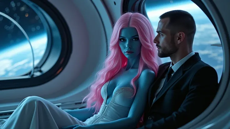 a sexy blue alien girl, beautiful detailed face, long pink hair, elegant dress, sitting in a spaceship, man sitting beside, photorealistic, sci-fi, cinematic lighting, dramatic colors, ultra-detailed, 8k, highres, masterpiece