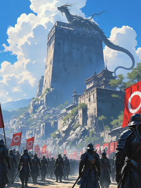 Fantasy Kingdom, Ancient Japan, Rock Castle, bustling with army, army wearing black dragon knight armor, black flag with white dragon symbol in middle, big dragon in top of the castle