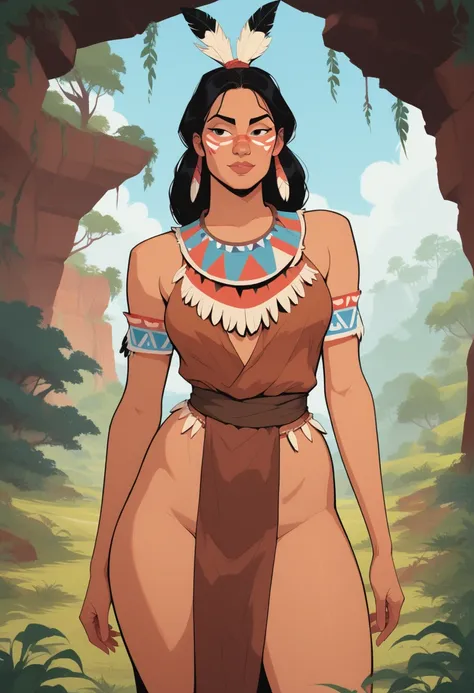 score_9, score_8_up, score_7_up, Western Comics, Cowboy Shot, girl, native american,cute, seductive, innocent, light smile:0.3, plump lips, slender body, 20yo, adorned with traditional regalia and feathers, standing, Canyon background, dynamic angle detail...