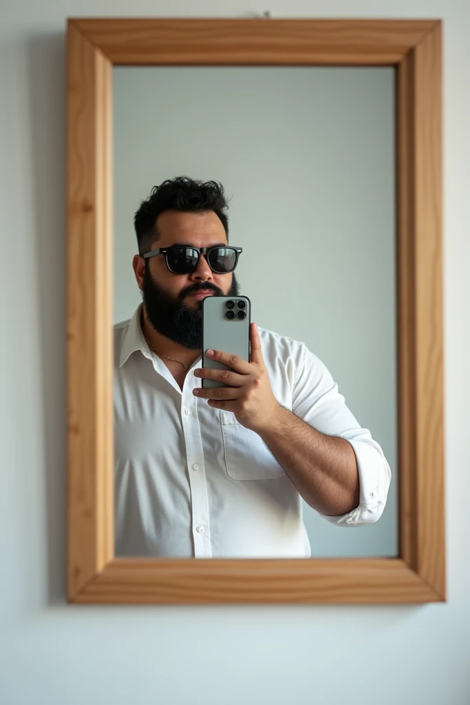  27-year-old Venezuelan man , chubby , with beard  ,   with a white shirt  ,  wearing sunglasses , taking a picture with an iPhone 16 in a mirror and full body 