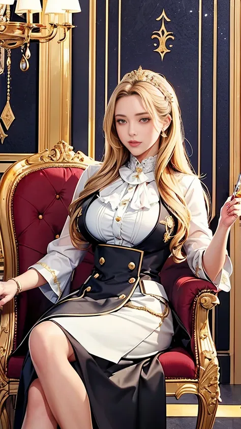 Young female, dressed in luxurious and elegant uniform, background of an elite private academy, aristocratic aura, blonde or dark brown long hair, haughty and confident expression, face showing a cold smile or disdain, elegant yet oppressive posture, holdi...