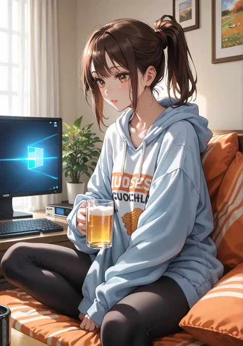 1girl, cold beauty, brown hair, loose ponytail, relaxed expression, oversized hoodie, fitted leggings, sitting on sofa, cozy living room, dim lighting, glowing TV screen, watching soccer, wooden coffee table, fried chicken, beer glass with condensation, ca...