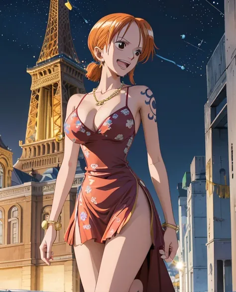  ( top quality , 4K, 8k,  high definition , masterpiece:1.2),  super detailed , ( realistic , photo realistic , photo- realistic :1.37) , Official Art , drawn in anime style , Nami in One Piece,Beautiful pale orange hair,Chignon, braids , Dominant Smile ,s...