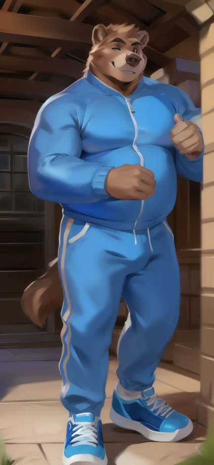 Solo, male Tall​ ,huge​ body​,​ standing​ ,den , bear pig,blue Tracksuit soldier , Wear combat shoes, overweight, muscular, Smirking ​, by chunie