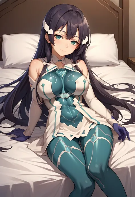 score_9, score_8_up, score_7_up,  source_Anime,  1 girl, Alone, Mimori Togo Hero Suit,  long hair,  headpiece,   Detached Color,  bodysuit , Bare shoulders, Separate sleeves,  gloves, seiza, kneel,  on bed , , smile, 