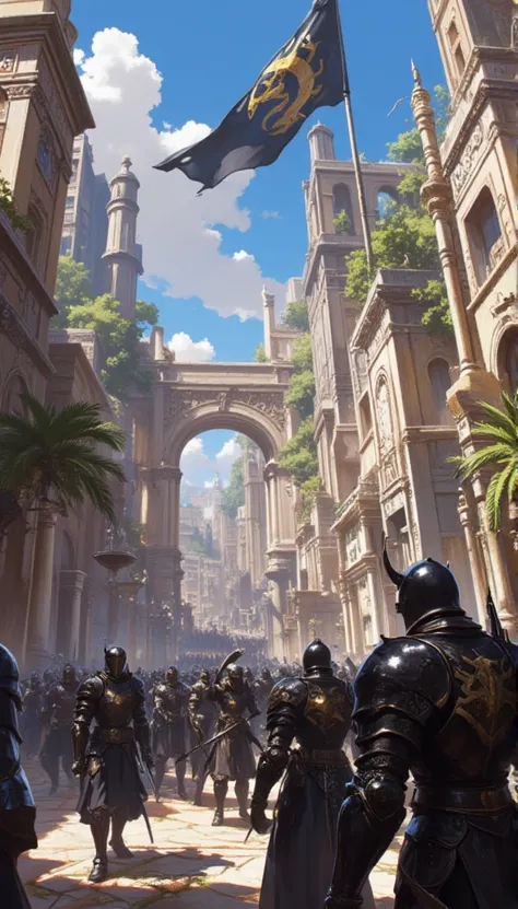 Fantasy Kingdom, ancient roman empire, ancient roman town square, bustling with army, army wearing black dragon knight armor, black flag with dragon symbol in middle