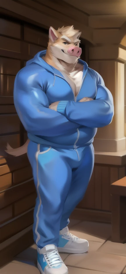 Solo, male Tall​ ,huge​ body​,​ standing​ ,den ,pig,blue Tracksuit soldier , Wear combat shoes, overweight, muscular, Smirking ​, by chunie