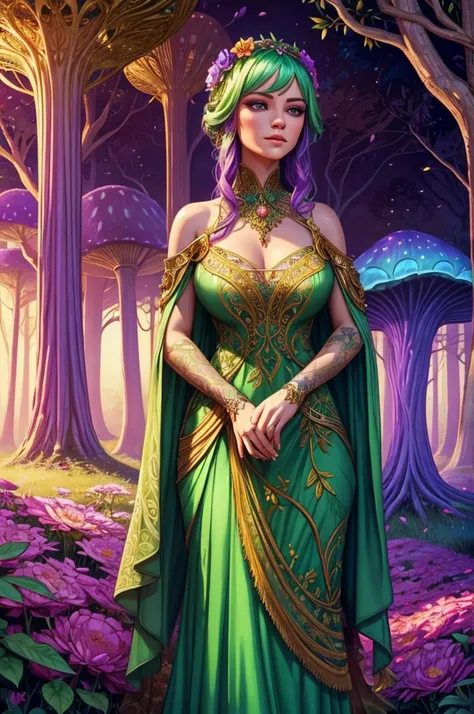 A druidess in a dress composed of living plants and flowers, with vibrant colors of green, purple, and gold. Her outfit has vines wrapped elegantly around her arms and shoulders, with petals forming intricate details. She stands in a mystical forest glade,...